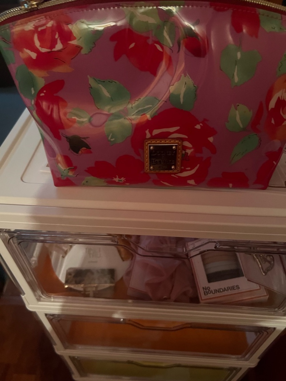 Dooney & Bourke Pink Floral Vinyl Makeup Bag with Gold Logo